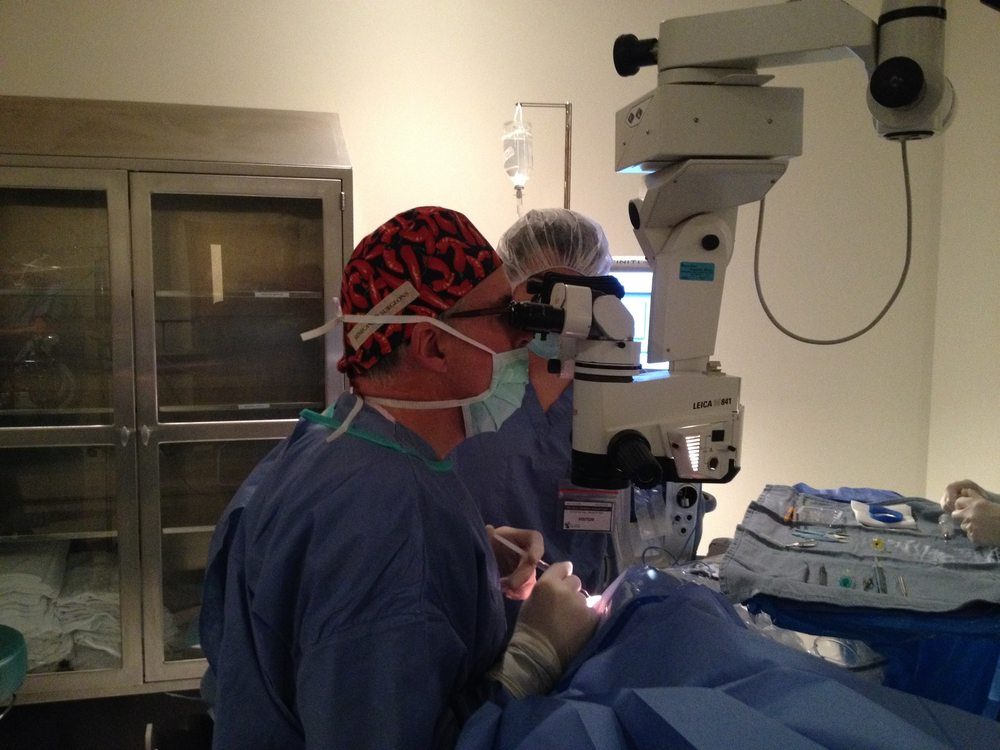 Tim O'Brien performing cataract surgery at the operating microscope